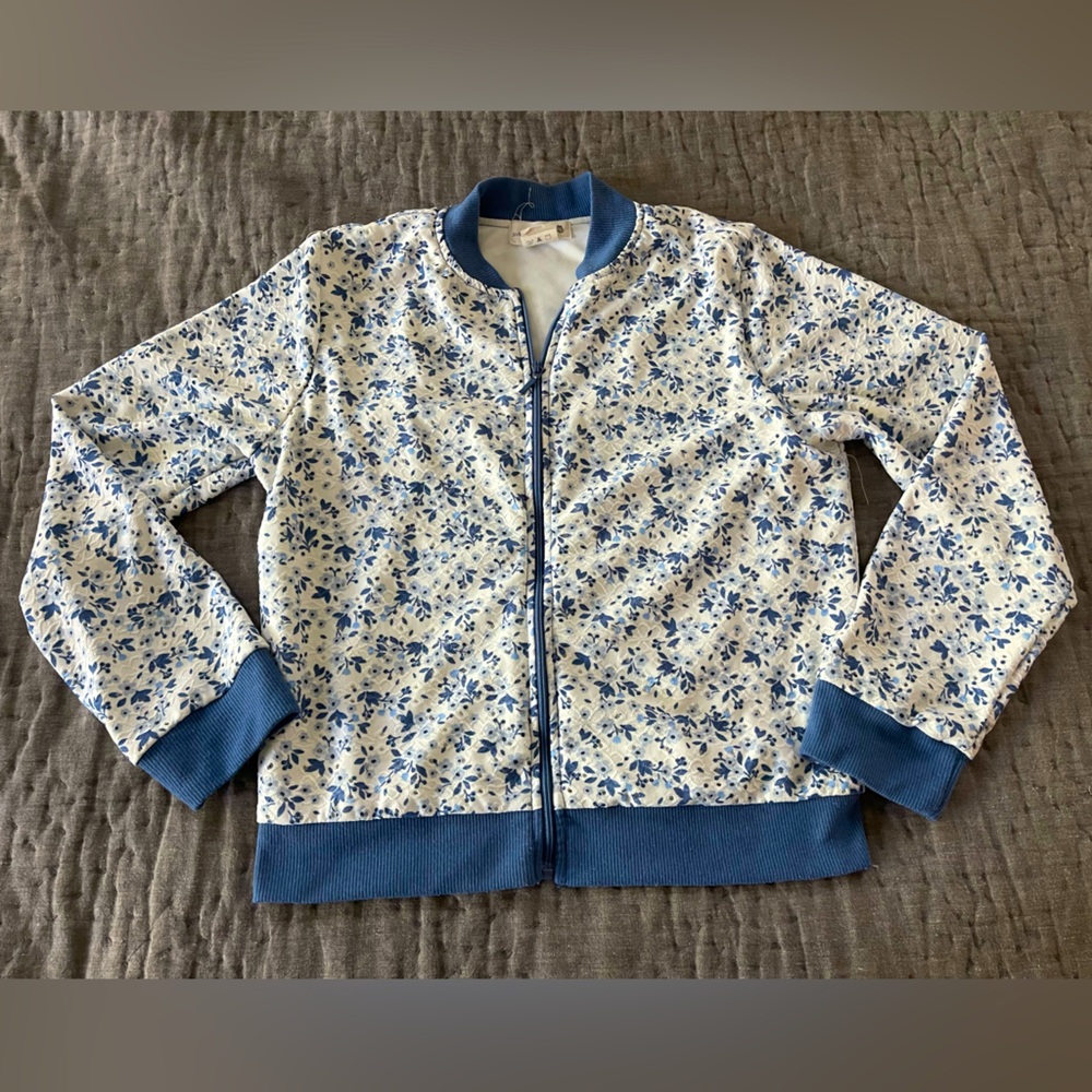 Sweet Stories Floral Blue White Zip-Up Jacket eyelet spring summer medium 10/12